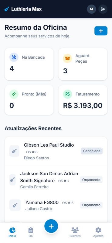 Versão mobile do painel do LuthierOS