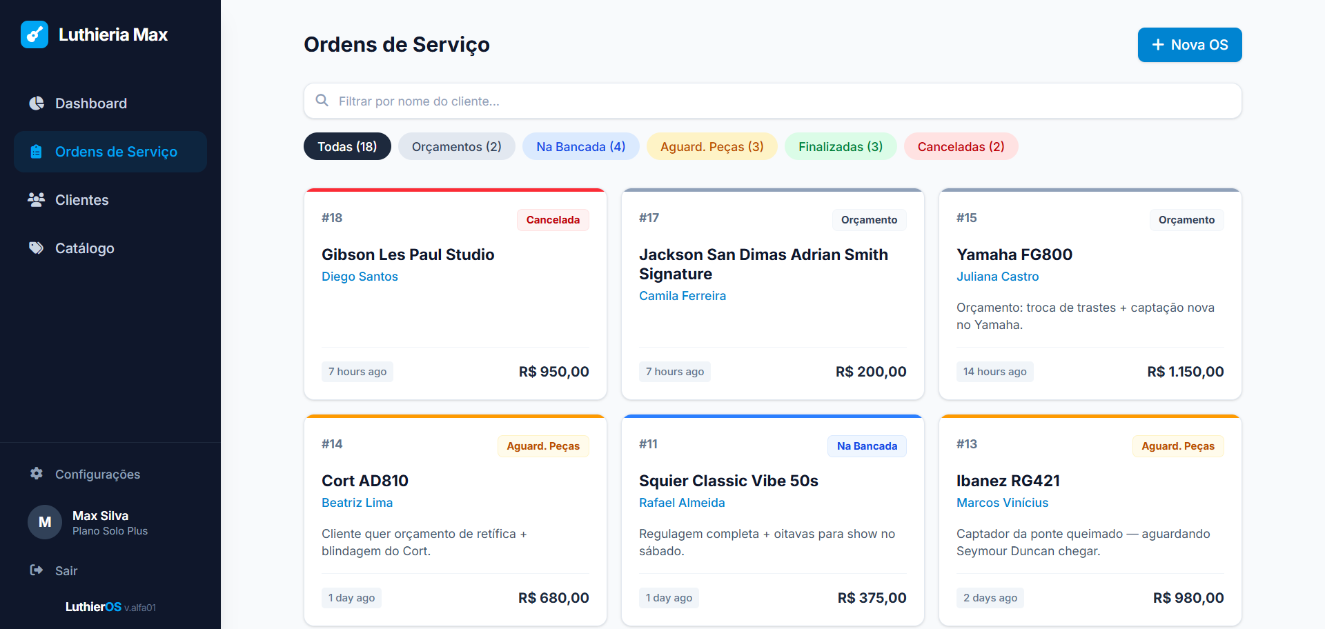 Lista de ordens de serviço com filtros por orçamento, bancada, aguardando peças, finalizadas e canceladas